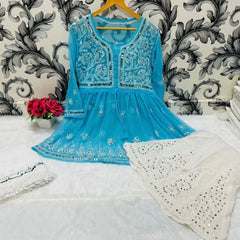SHORT MIROR KURTI WITH SHARARA AND DUPATTA / SHORT KURTI SET