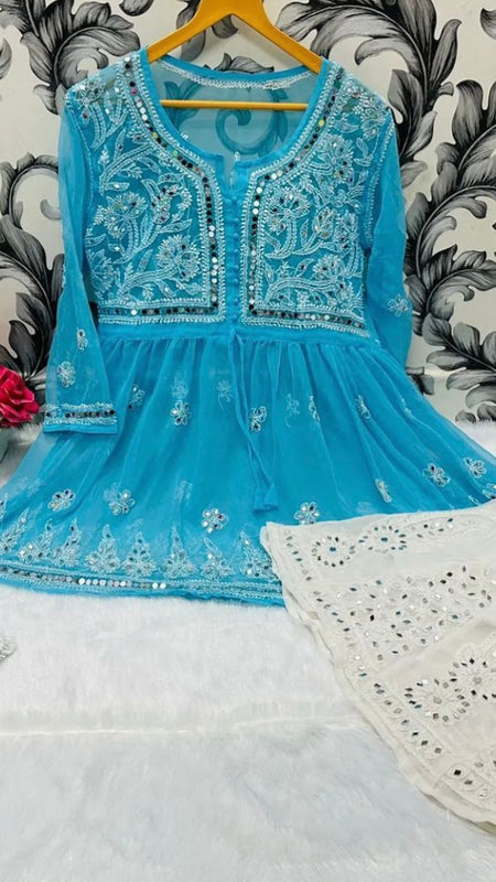 SHORT MIROR KURTI WITH SHARARA AND DUPATTA / SHORT KURTI SET