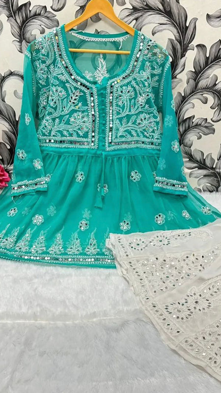 SHORT MIROR KURTI WITH SHARARA AND DUPATTA / SHORT KURTI SET