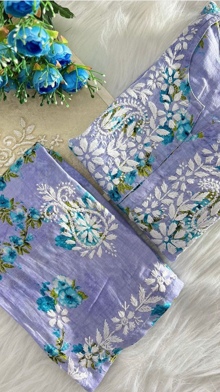 Flower print Hand embroidered Mulmul cord set