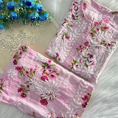 Flower print Hand embroidered Mulmul cord set