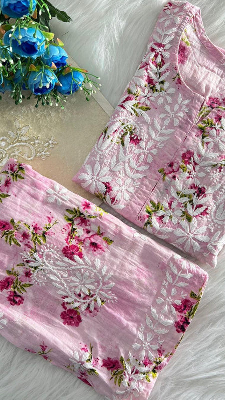 Flower print Hand embroidered Mulmul cord set
