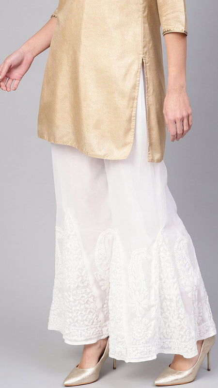 Chikankari Flared Free Size Chiffon Sharara With Lining Attached Inside