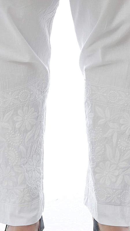 Chikankari Machine-Embroidered Lycra Stretchable Pant With Both Side Pockets/machine pant