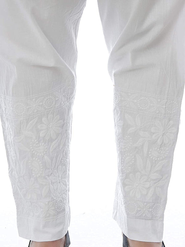 Chikankari Machine-Embroidered Lycra Stretchable Pant With Both Side Pockets/machine pant