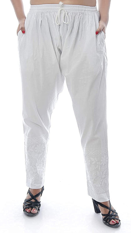 Chikankari Machine-Embroidered Lycra Stretchable Pant With Both Side Pockets/machine pant