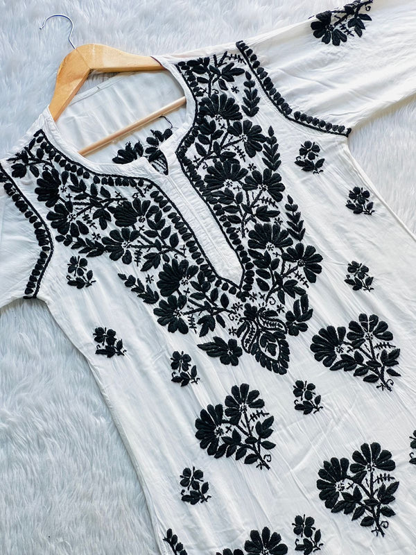 MODAL KURTI WITH FLOWER EMBRIDERY WITH WHITE PANT WITH FREE GIFT INSIDE