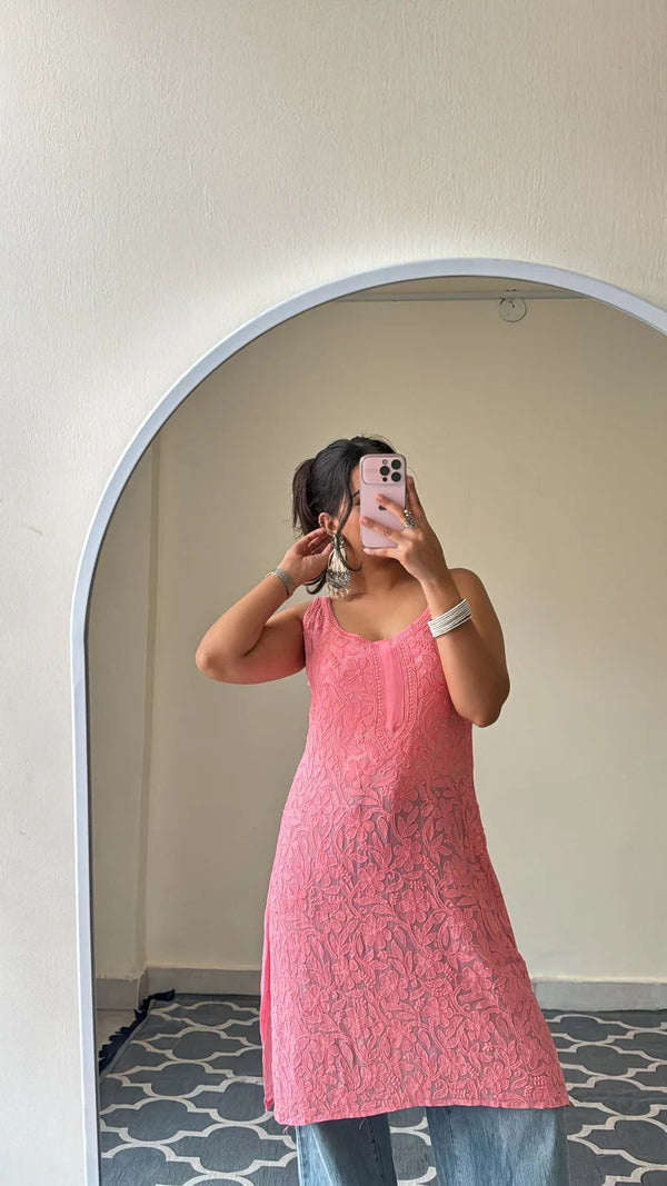 SLEVELESS PURE VISCOSE JAAL KURTI WITH FREE GIFT ๐ INSIDE