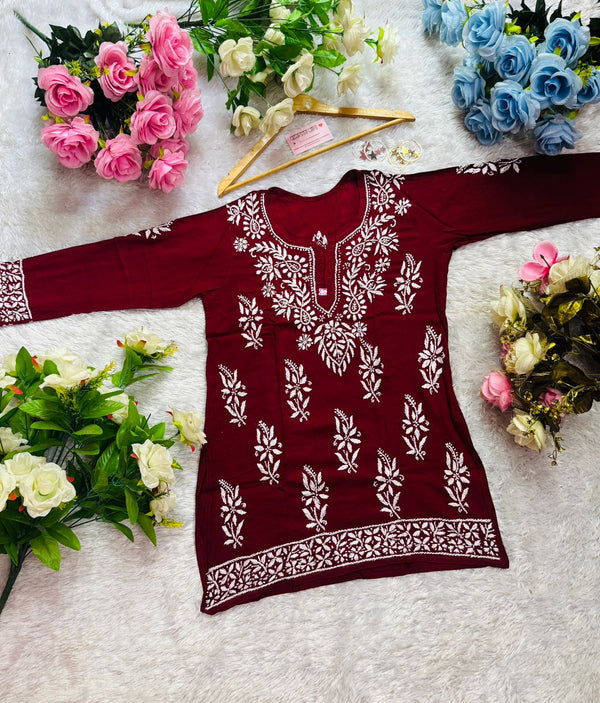 Short Handworked chikankari Rayon kurti /Rayon short