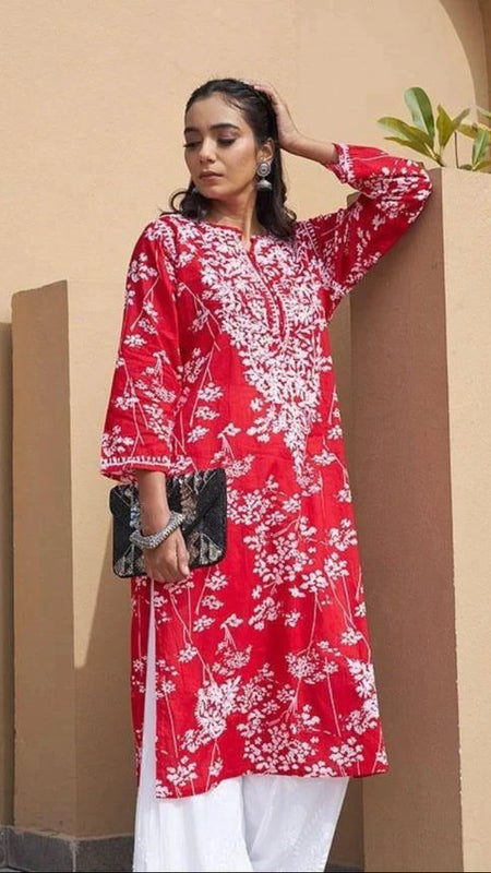 Printed hand-embroidered malmal Kurti with Lycra pant /Malmal fussion set