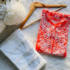 Printed hand-embroidered malmal Kurti with Lycra pant /Malmal fussion set