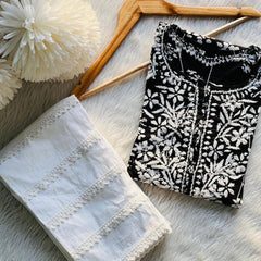 Printed hand-embroidered malmal Kurti with Lycra pant /Malmal fussion set
