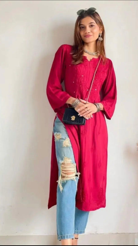 Versatile and Stylish Mukesh Embroidery in Rayon Kurti with Free Gift 💝 Inside