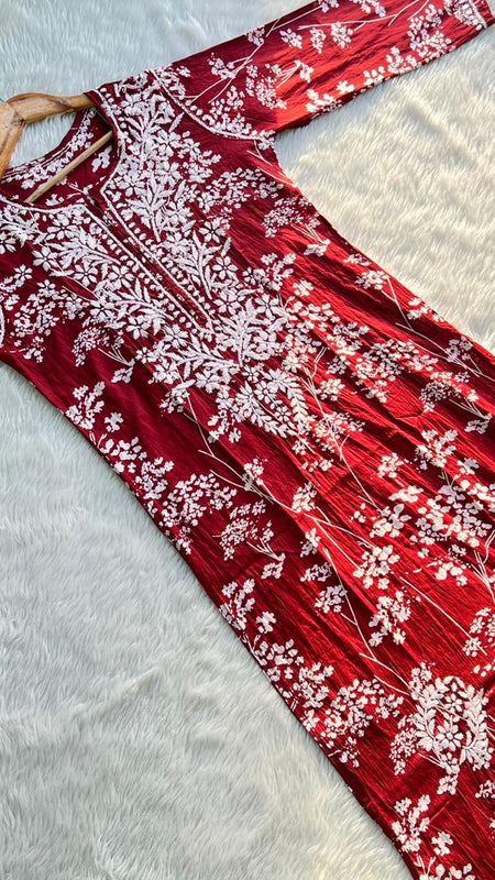 Printed hand-embroidered malmal Kurti with Lycra pant /Malmal fussion set