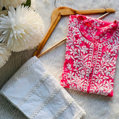 Printed hand-embroidered malmal Kurti with Lycra pant /Malmal fussion set