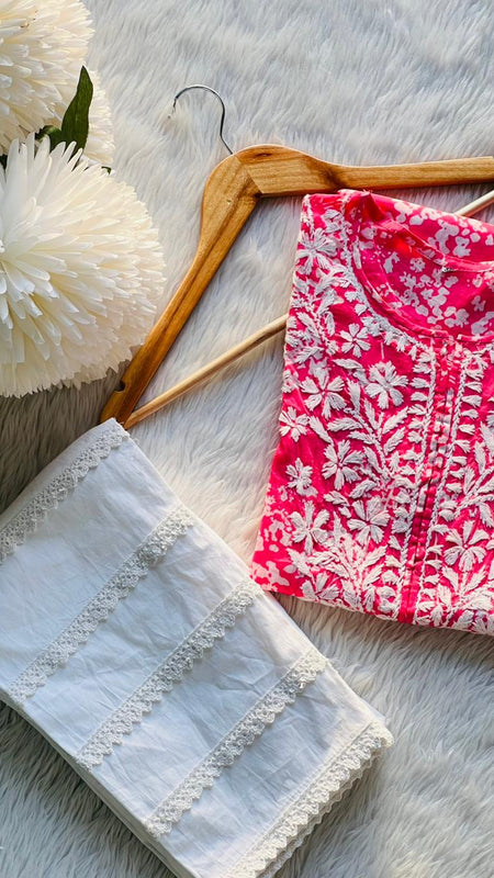 Printed hand-embroidered malmal Kurti with Lycra pant /Malmal fussion set