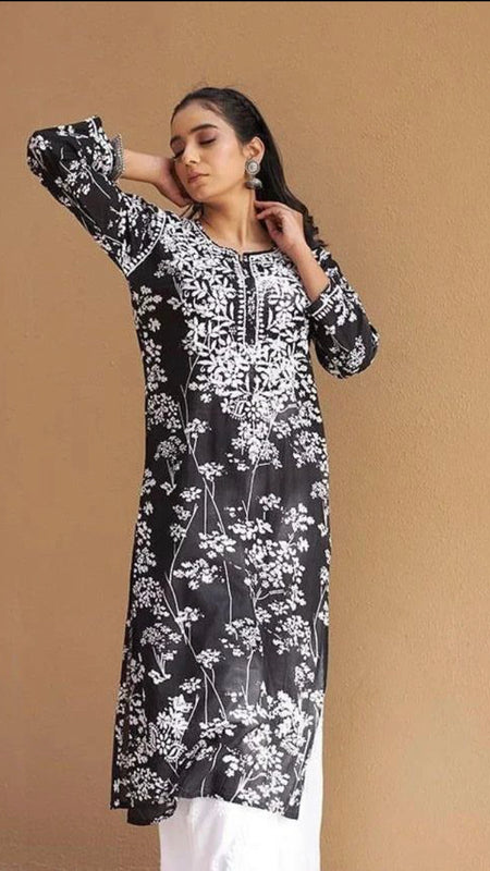 Printed hand-embroidered malmal Kurti with Lycra pant /Malmal fussion set