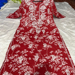 Printed hand-embroidered malmal Kurti with Lycra pant /Malmal fussion set