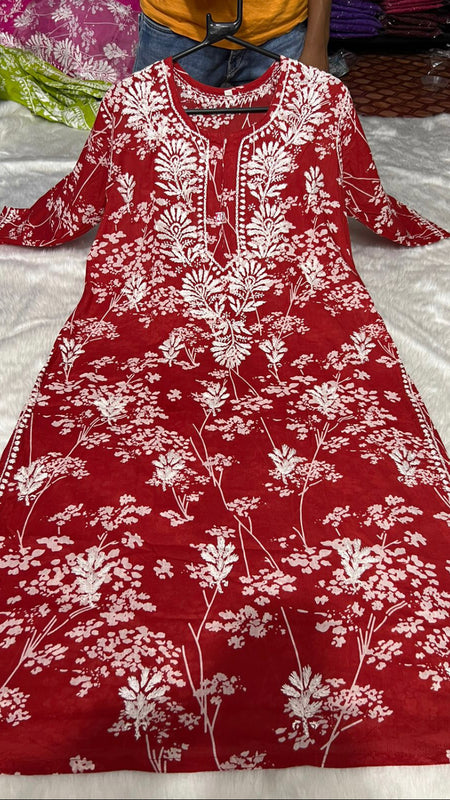 Printed hand-embroidered malmal Kurti with Lycra pant /Malmal fussion set