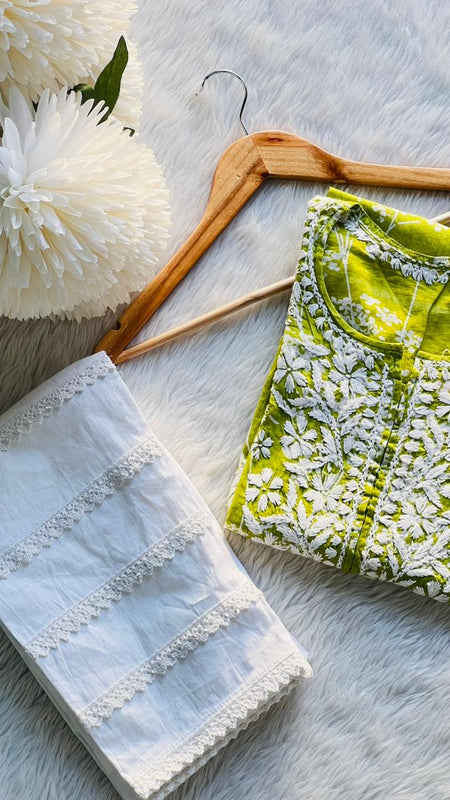 Printed hand-embroidered malmal Kurti with Lycra pant /Malmal fussion set