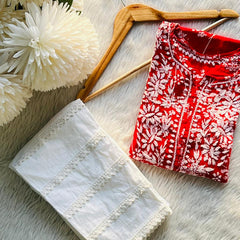 Printed hand-embroidered malmal Kurti with Lycra pant /Malmal fussion set