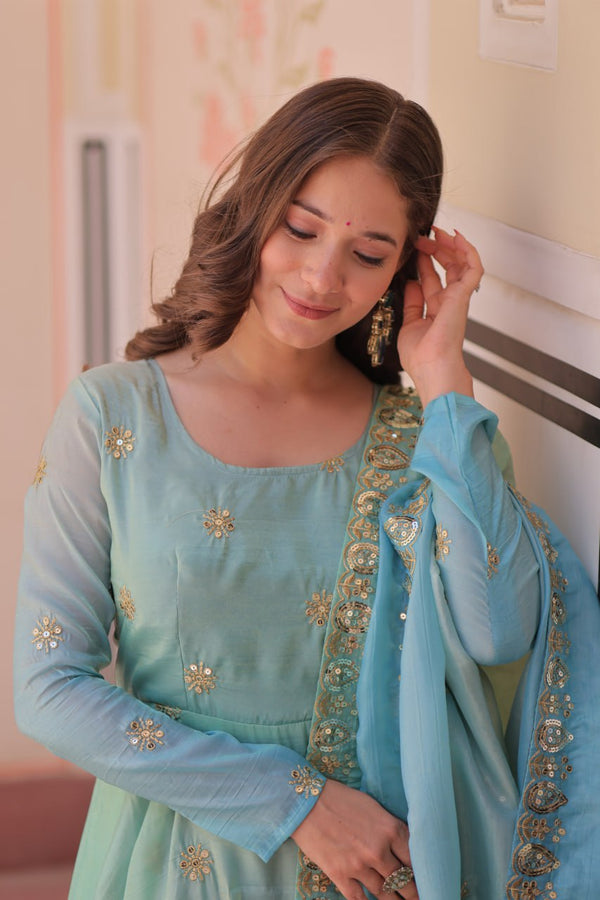 Gold Organza Set with Sequins-Multi Embroidered Work