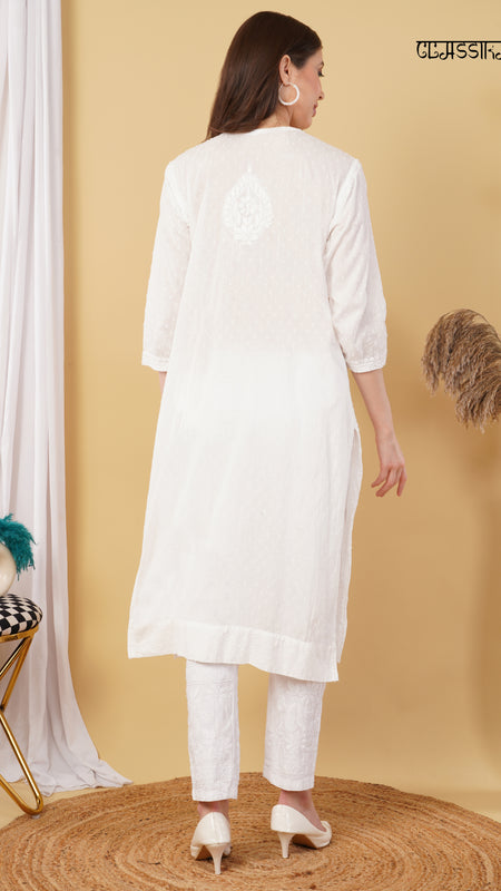 White Dobby cotton Embroidery Chikankari Full  Co-ord set