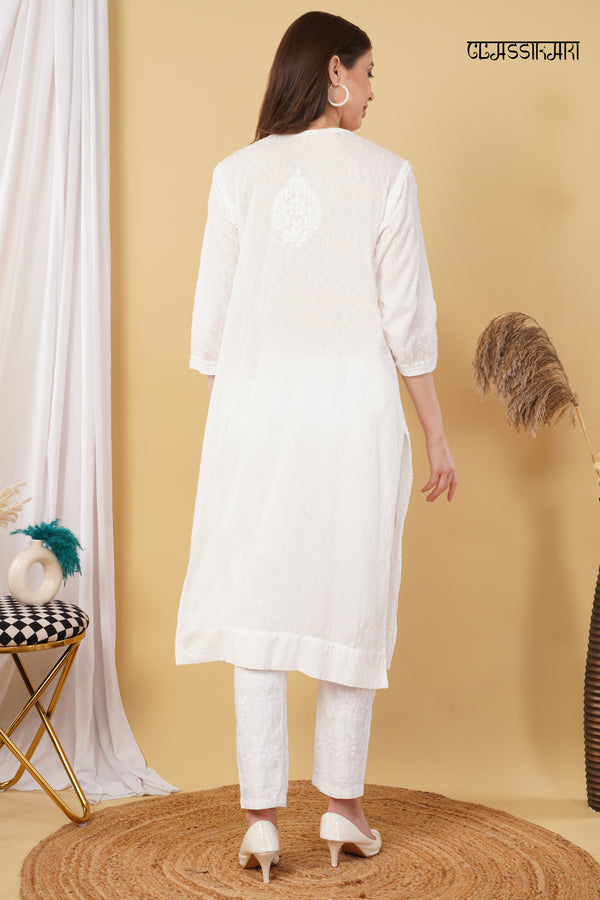 White Dobby cotton Embroidery Chikankari Full  Co-ord set