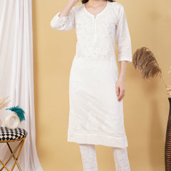 White Dobby cotton Embroidery Chikankari Full  Co-ord set