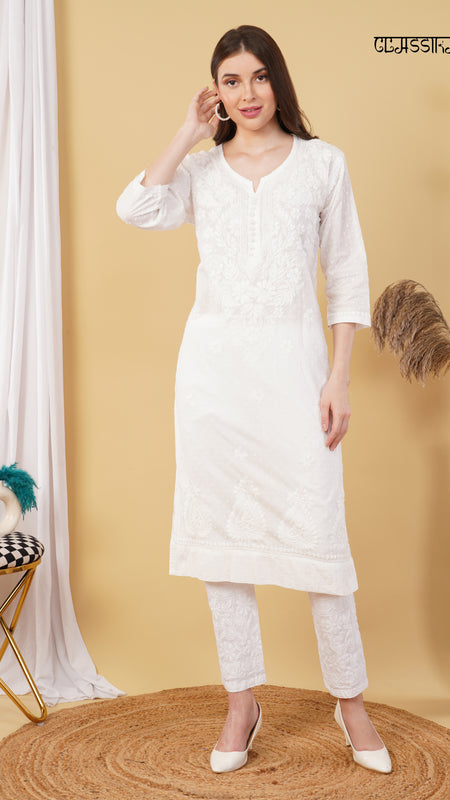 White Dobby cotton Embroidery Chikankari Full  Co-ord set