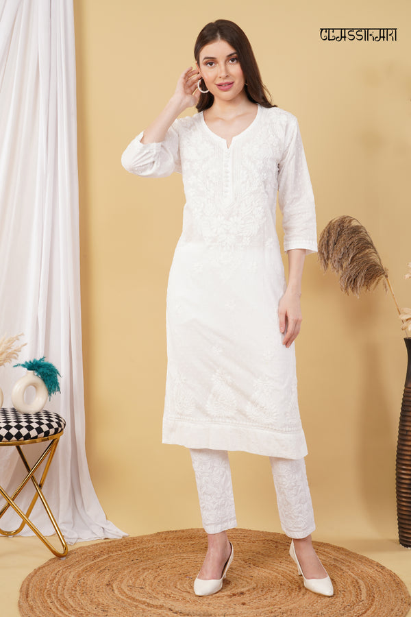 White Dobby cotton Embroidery Chikankari Full  Co-ord set