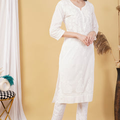 White Dobby cotton Embroidery Chikankari Full  Co-ord set