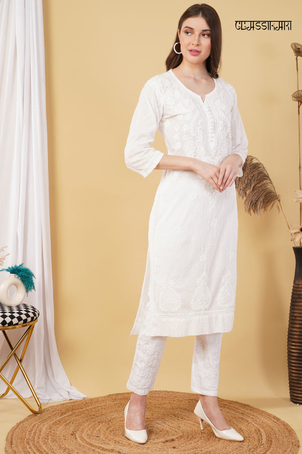 White Dobby cotton Embroidery Chikankari Full  Co-ord set
