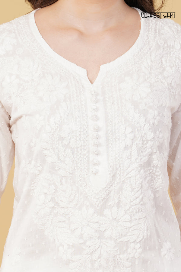 White Dobby cotton Embroidery Chikankari Full  Co-ord set
