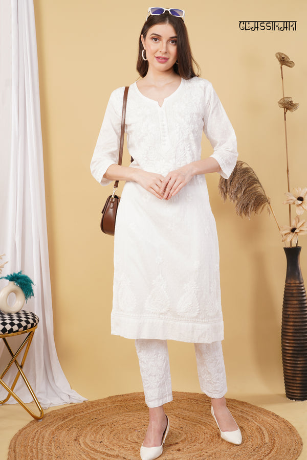 White Dobby cotton Embroidery Chikankari Full  Co-ord set