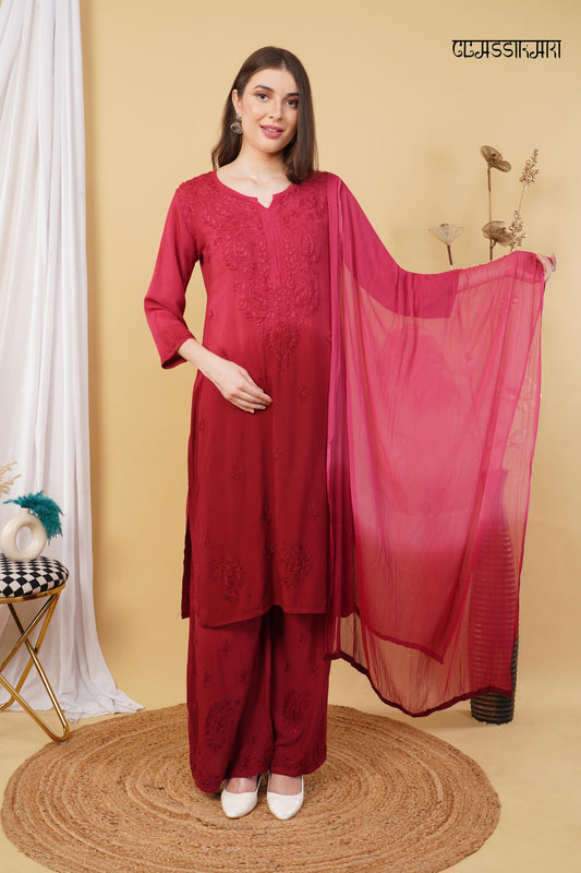 Most Comfortabe Rayon Ombrae Hand Embroidered Full Suit