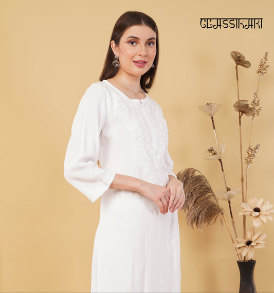 WHITE NOOR CHIKANKARI KURTI