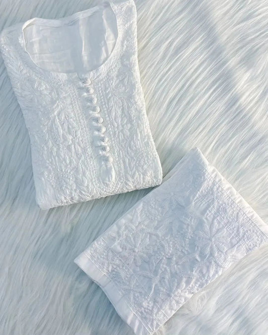 White Dobby cotton Embroidery Chikankari Full  Co-ord set