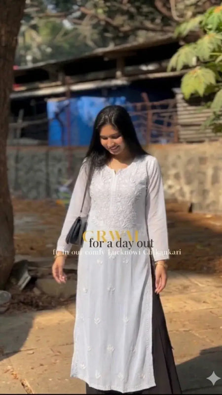 WHITE NOOR CHIKANKARI KURTI