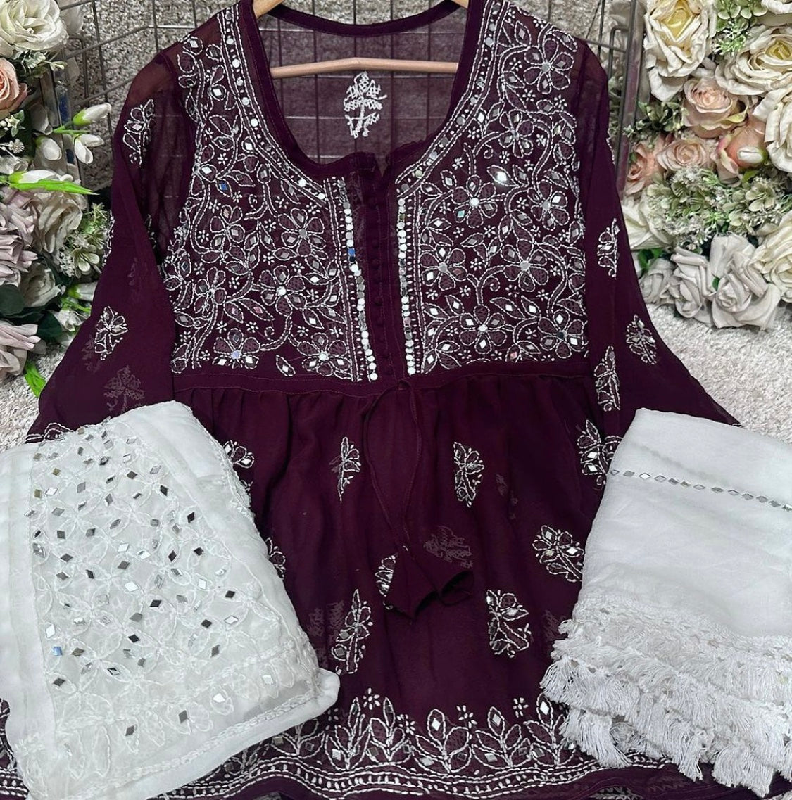 SHORT MIROR KURTI WITH SHARARA AND DUPATTA / SHORT KURTI SET