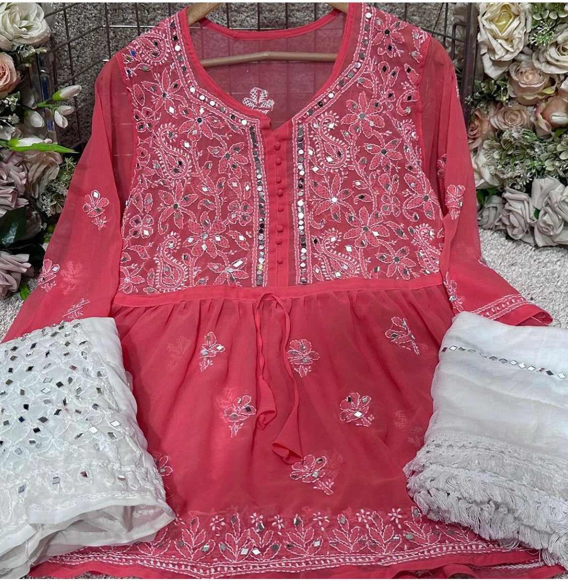 SHORT MIROR KURTI WITH SHARARA AND DUPATTA / SHORT KURTI SET