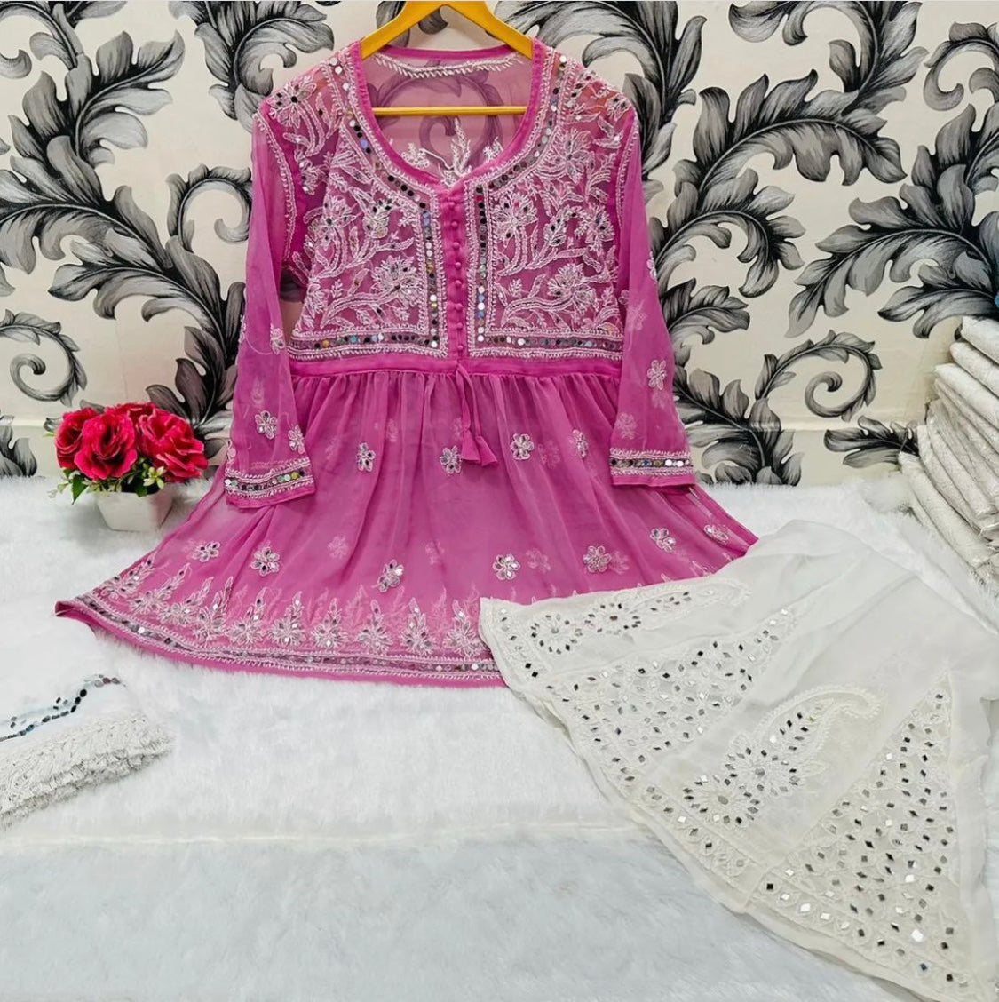 SHORT MIROR KURTI WITH SHARARA AND DUPATTA / SHORT KURTI SET