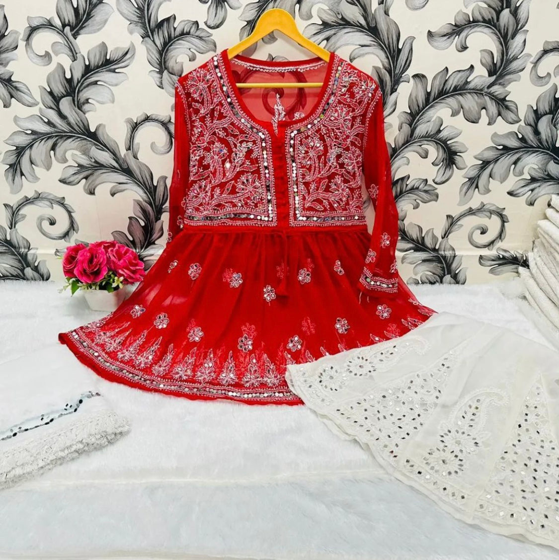 SHORT MIROR KURTI WITH SHARARA AND DUPATTA / SHORT KURTI SET