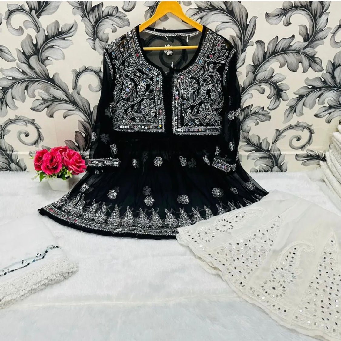 SHORT MIROR KURTI WITH SHARARA AND DUPATTA / SHORT KURTI SET