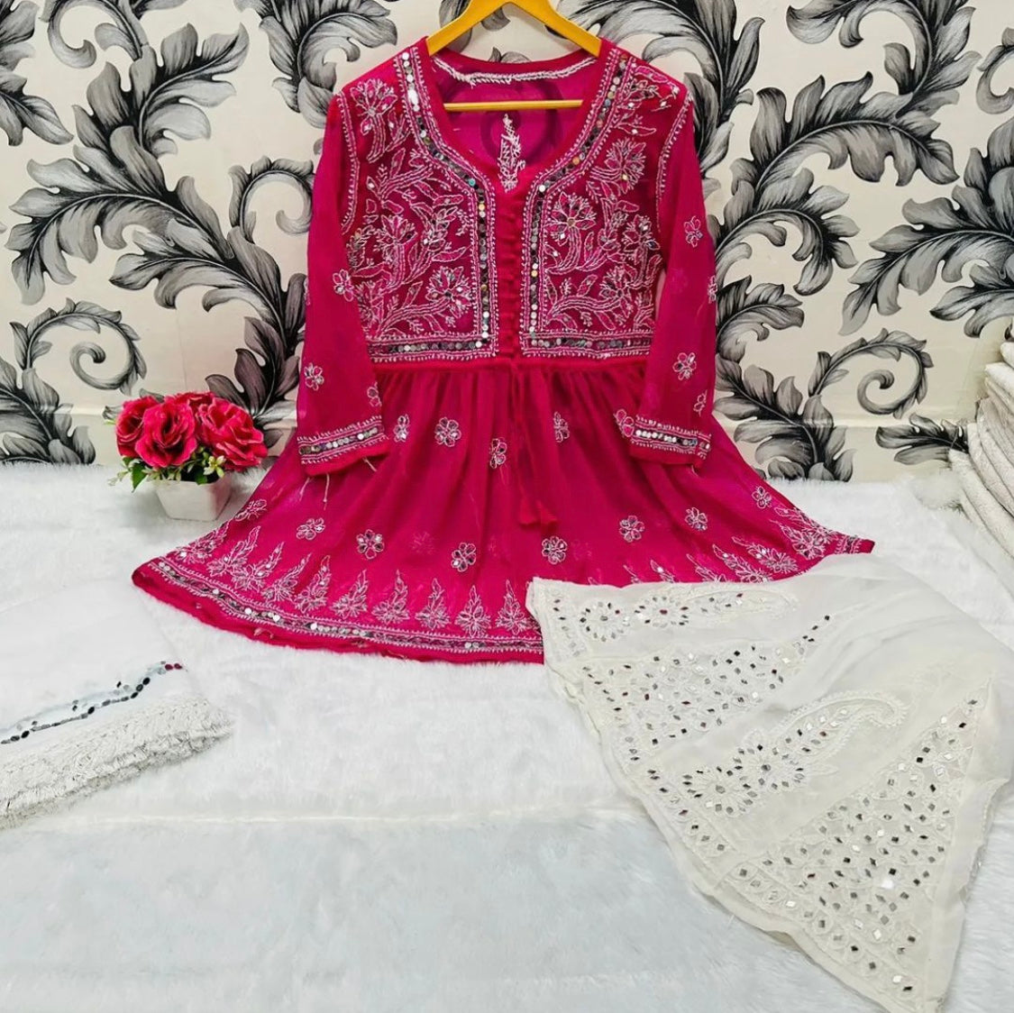 SHORT MIROR KURTI WITH SHARARA AND DUPATTA / SHORT KURTI SET