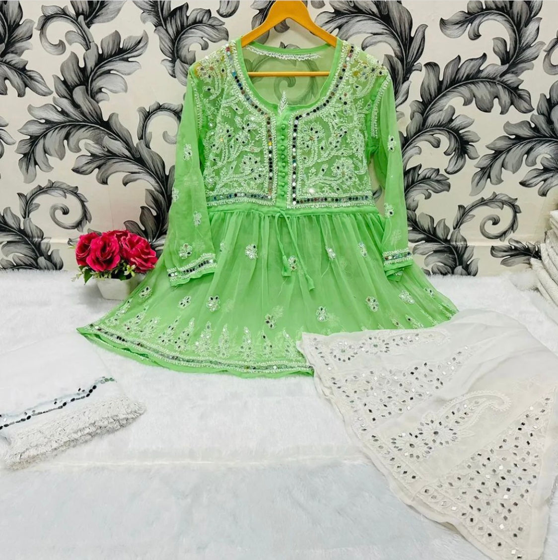 SHORT MIROR KURTI WITH SHARARA AND DUPATTA / SHORT KURTI SET