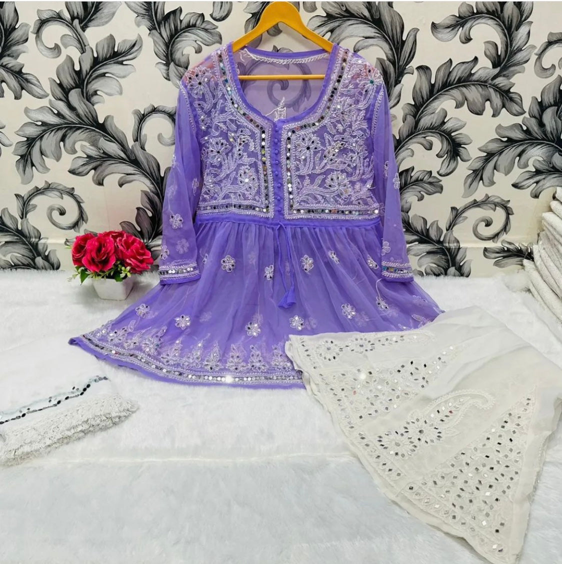 SHORT MIROR KURTI WITH SHARARA AND DUPATTA / SHORT KURTI SET