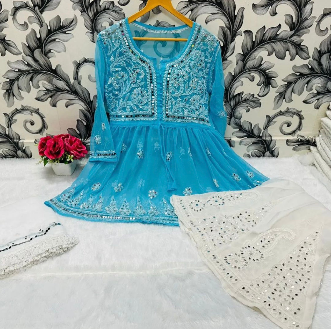 SHORT MIROR KURTI WITH SHARARA AND DUPATTA / SHORT KURTI SET