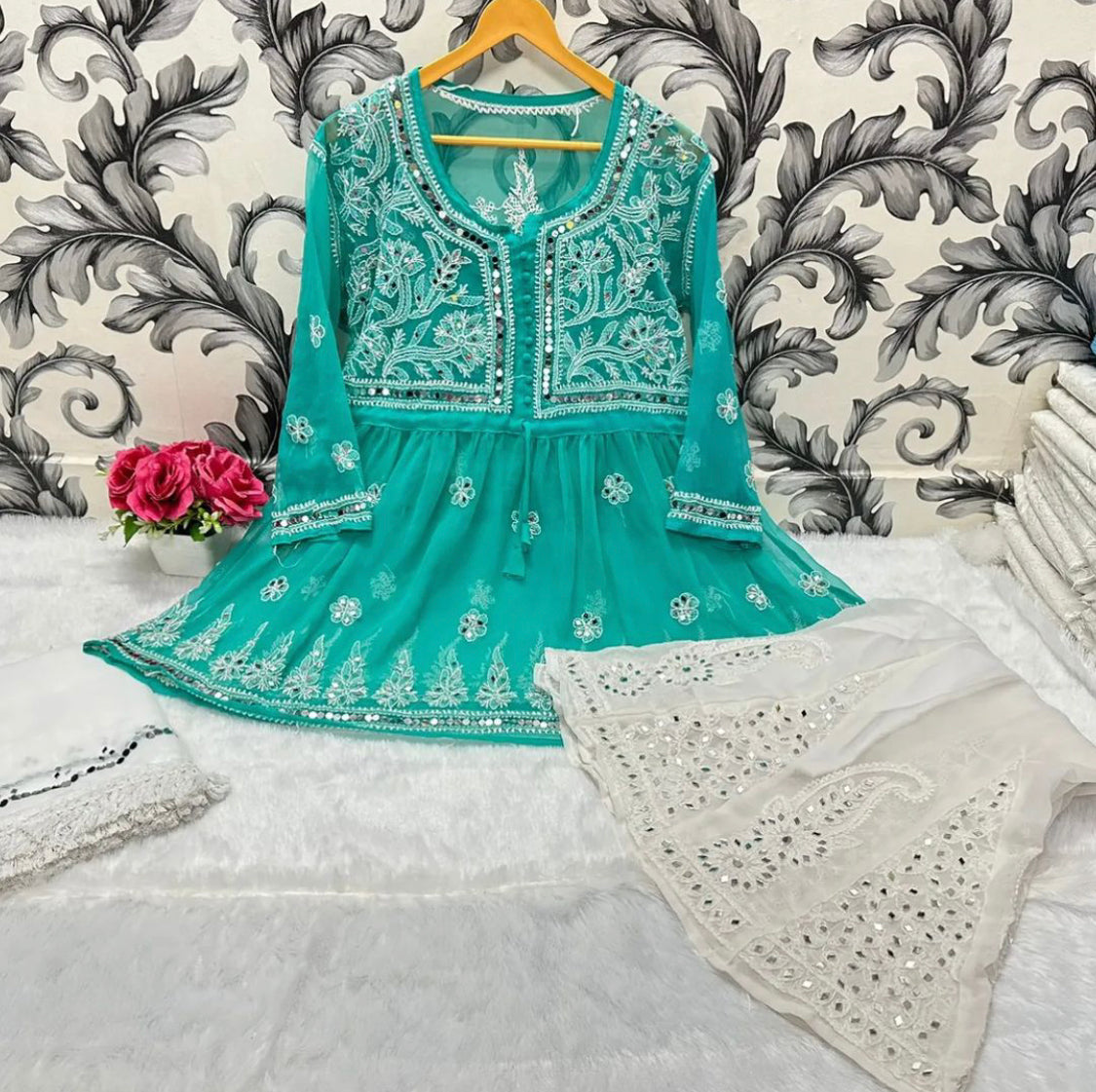 SHORT MIROR KURTI WITH SHARARA AND DUPATTA / SHORT KURTI SET