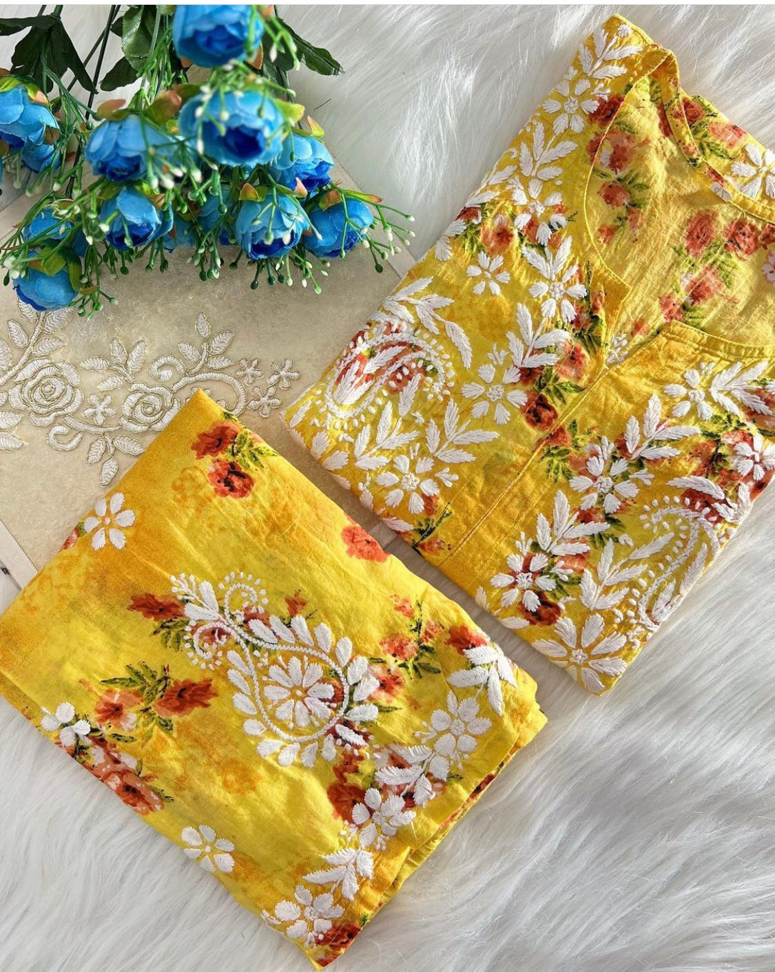 Flower print Hand embroidered Mulmul cord set